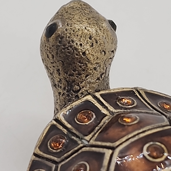 Turtle Enamel Topaz Rhinestone Brass Hinged Pill Trinket Box Vintage Tortoise - Picture 12 of 13